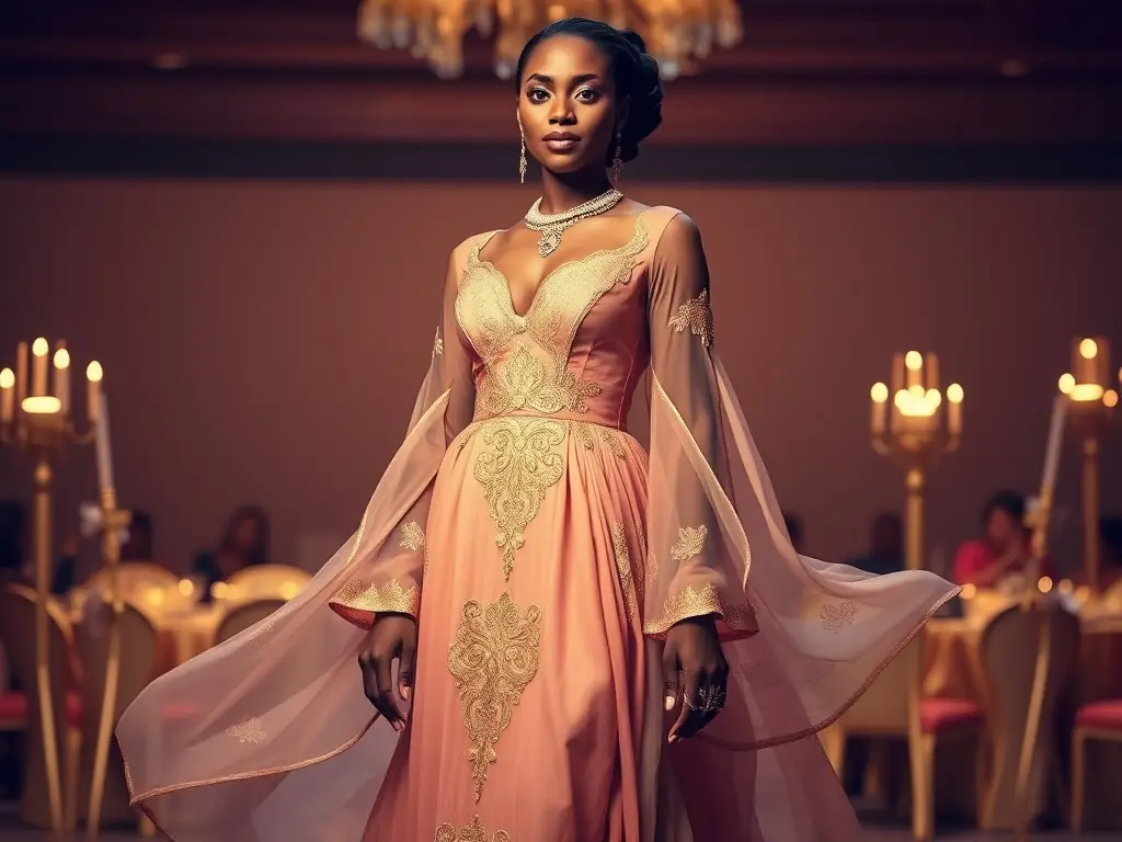 A model wearing a traditional Boubou gown at an elegant cultural event, adorned with intricate gold embroidery and paired with statement jewelry. The gown exudes sophistication and cultural pride, making it perfect for special celebrations.