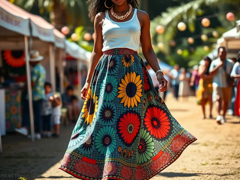 A model wearing a flowing Ankara maxi skirt at a summer festival, paired with a simple white top and beaded jewelry. The skirt features bold floral and geometric patterns in bright colors, creating a vibrant and eye-catching look.