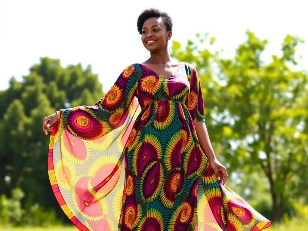 A model wearing a vibrant Kente wrap dress at an outdoor festival, surrounded by colorful decorations and joyful attendees. The dress features bold geometric patterns in gold, red, and green, showcasing its cultural significance and festive appeal.